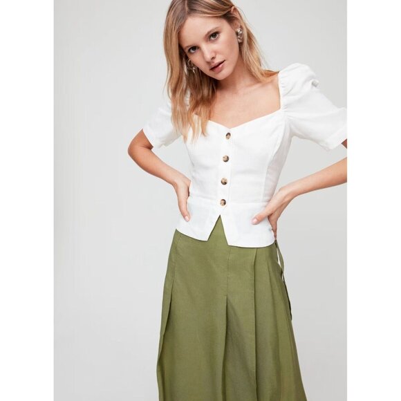 Aritzia WILFRED Janine Green Linen Blend Peplum Prairie Blouse Top, Size M - Picture 11 of 16